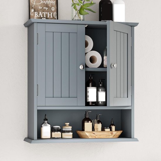 GIANTEX Hangende badkamerkast, hangkast met 2 deuren, open vak en verstelbaar rek, medicijnkast, wandkast voor badkamer, woonkamer, keuken, 54 x 20 x 60 cm