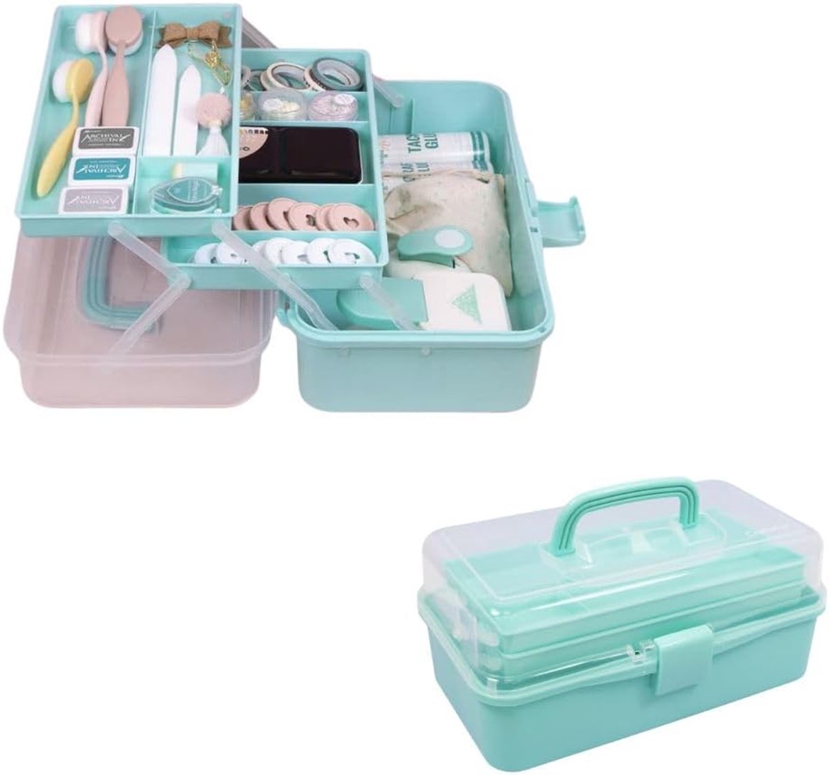 Kunststof gereedschapskist en opbergdozen met vakken - Organizer voor medicijnen en gereedschap - 32 x 13,5 x 18,5 cm, turquoise