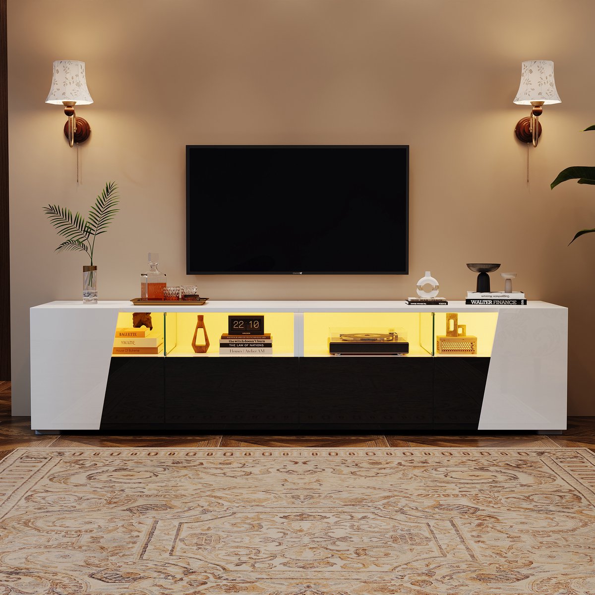 MODFU TV-meubel 180 x 38,5 x 45 cm van MDF en glas, hoogglans voorkant met LED-verlichting en veel opbergruimte Wit+Zwart