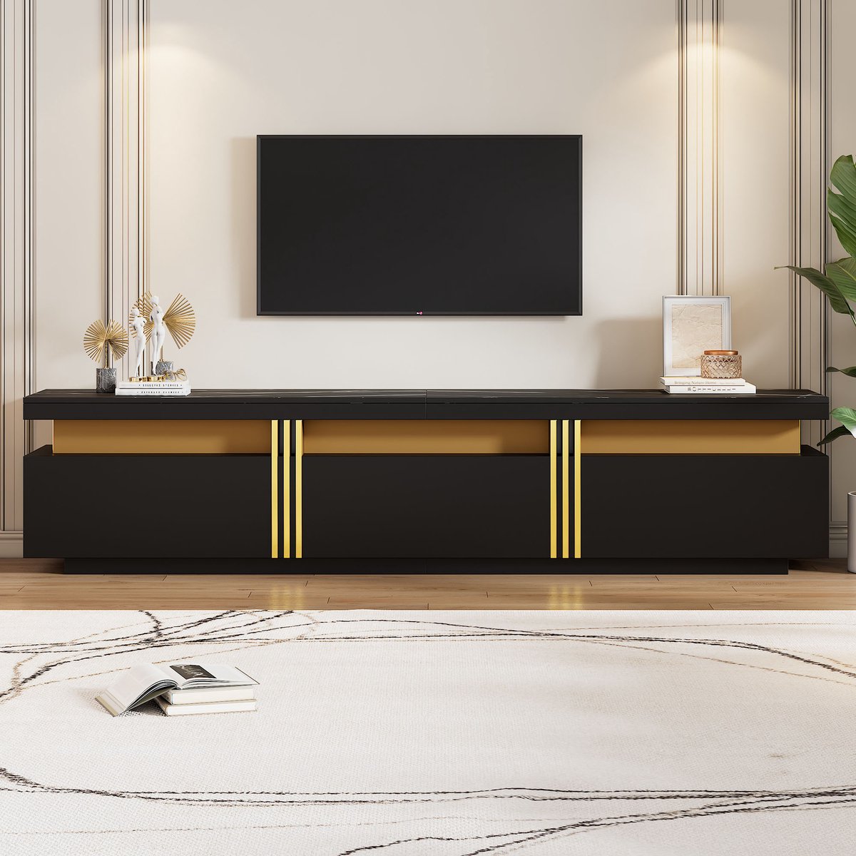MODFU TV-meubel 200x40x42 cm van MDF-hout, zwart, met marmereffect blad en 3 laden, modern