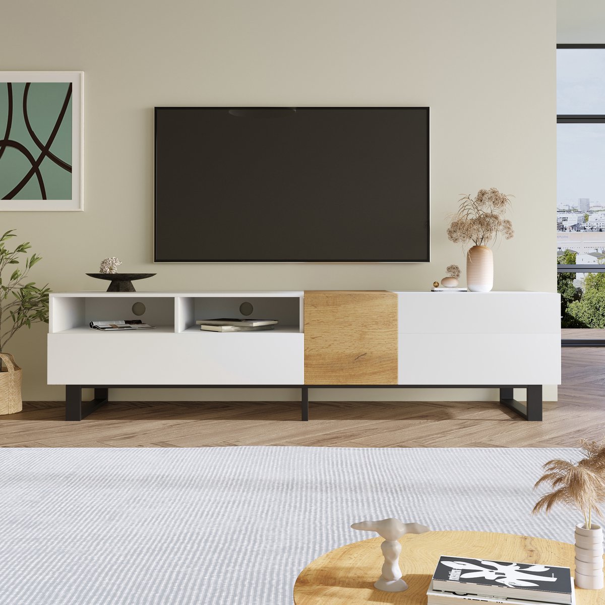 MODFU Tv-meubel – 180x50x38 cm – Wit & houtlook met zwarte poten – 2 laden & 2 deuren – Moderne tv-kast – MDF – Minimalistisch design