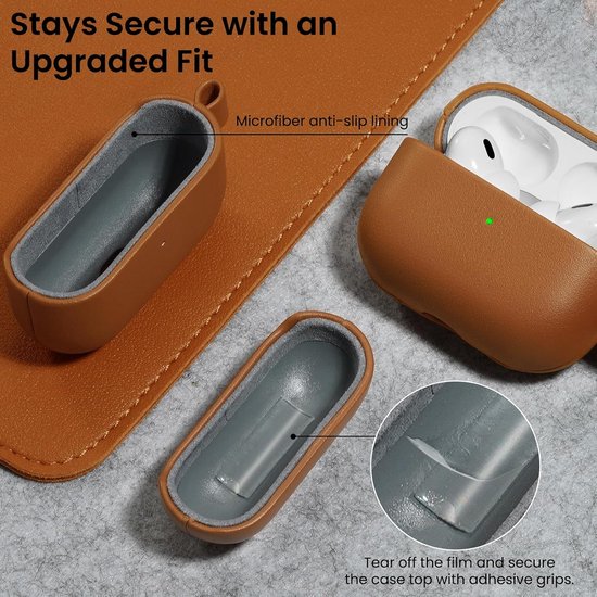 ORNARTO voor AirPods Pro 2 hoes, veganistisch lederen hoes, bruin leer - Veganistische lederen hoes, led aan de voorkant, draadloos opladen, krasbestendig, zachte aanraking, metalen karabijnhaak — afbeelding 5