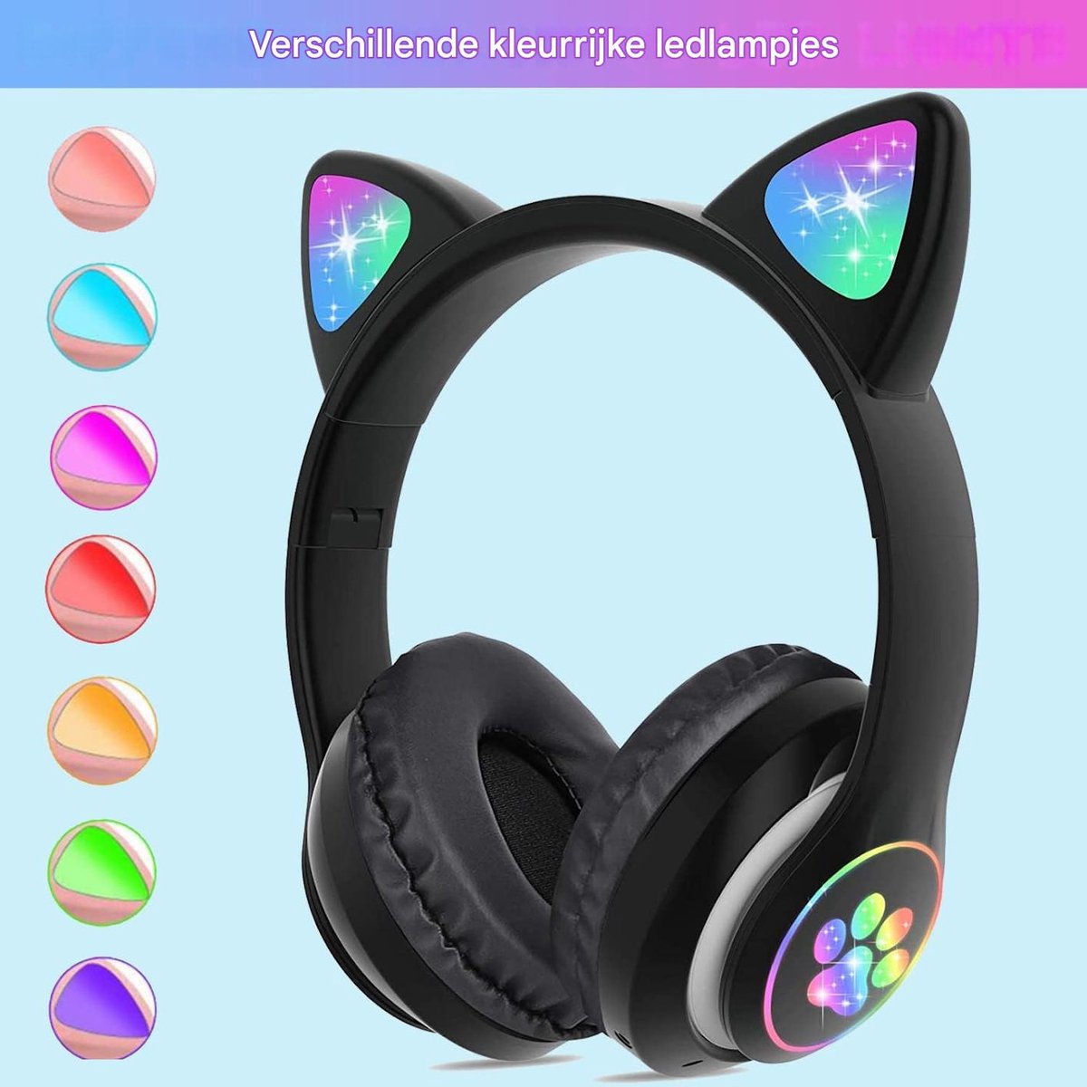 Draadloze Bluetooth-koptelefoon met kattenoortjes en microfoon, geschikt voor kinderen, tieners en volwassenen (zwart).