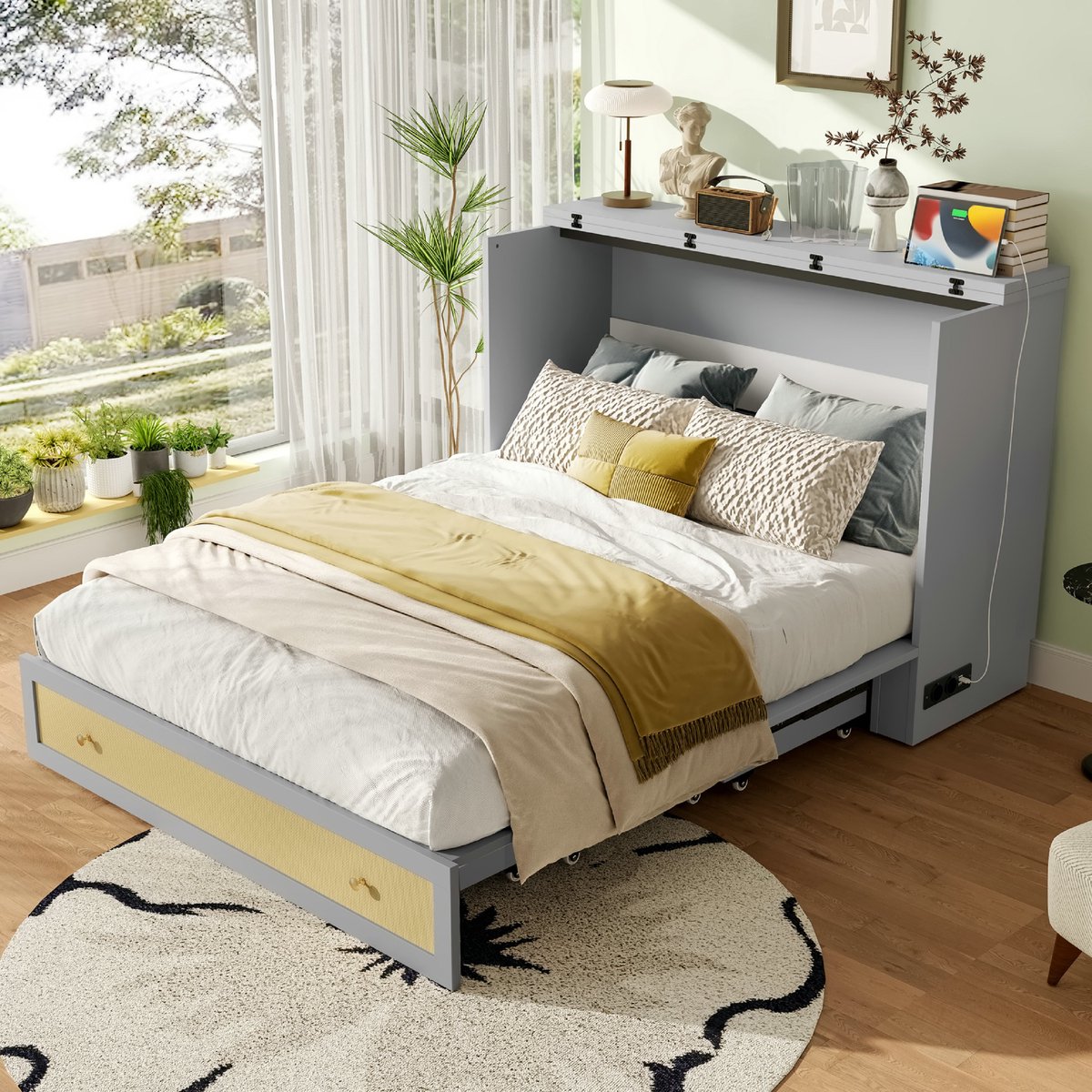 Strovea Opklapbed - 140 x 200 cm - uitneembaar - met lades - planken - met USB en stopcontacten - omvormbaar platformbed - zonder matras - grijs