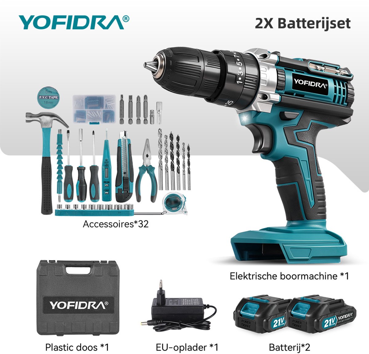 Yofidra Accuboormachine - 60Nm Accuschroevendraaier - 21V Accu Schroefboormachine - 25+3 Standen - 2 Snelheden - Gereedschapskit - voor Thuis & Klussen – foto 4
