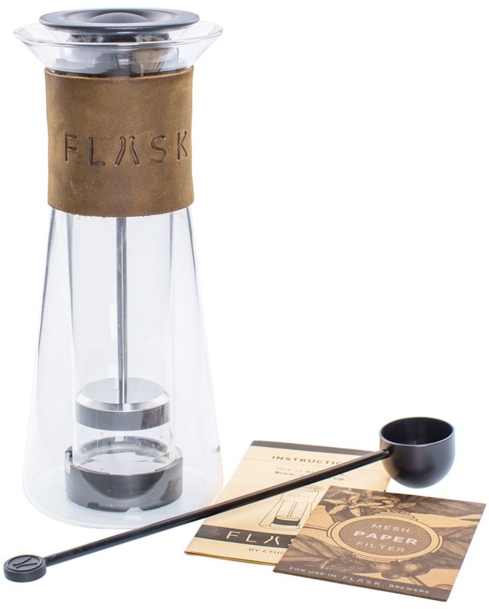 Planetary Design - FLASK Coffee Press - Clear double walled glass with Leather - French Press - Uniek en Luxe met echt leer