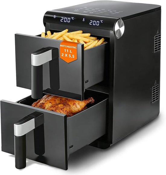NETTLIFE Airfryer Dubbele Kamer 11L 2800W - 13-in-1 Touchscreen Met Timer - Vaatwasserbestendige Manden - Familie Model