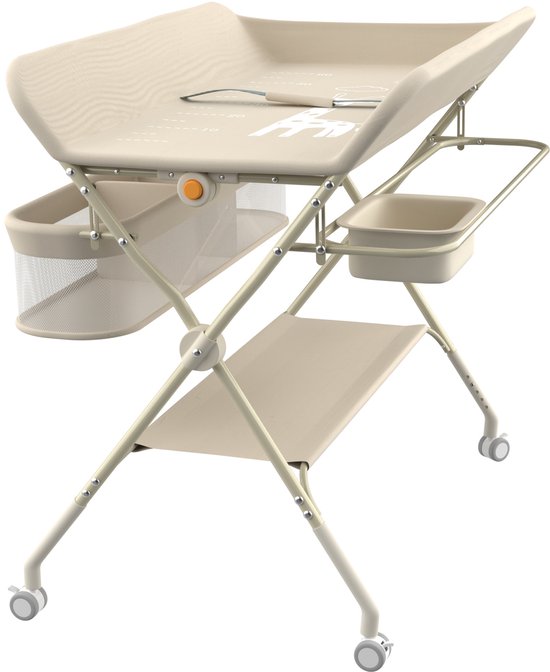 PIPIPOXER-Verschoontafel-Opvouwbare commode, in hoogte verstelbaar, met opbergmand voor pasgeborenen, Beige