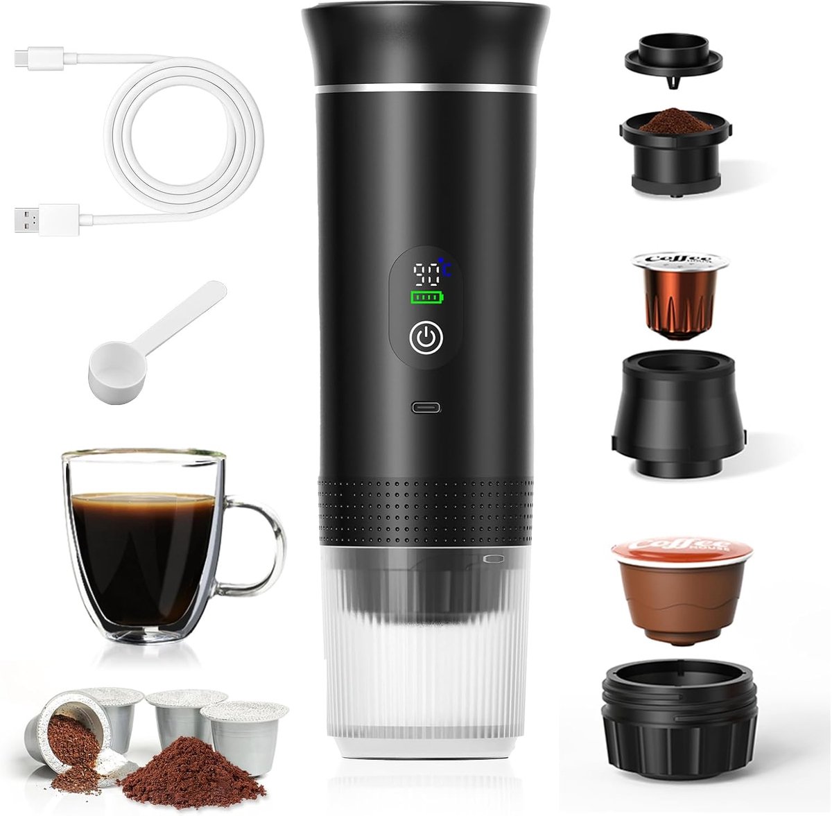 Draagbaar koffiezetapparaat - 3-in-1 - Koffiezetapparaat - Elektrische Espresso Apparaat - Oplaadbaar - Capsule Koffie - Gemalen Koffie - Reis & Camping Koffiezetapparaa 12 volt