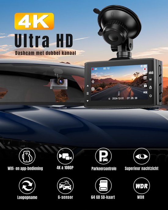 GKU 4K Dashcam Voor en Achter, WiFi Dashcam Auto met 64GB SD-Kaart, Dual Auto Camera met Parking Monitor, Nachtzicht, WDR, 170° Brede Hoek, G-Sensor, Loopopname, APP-besturing, Max 256GB GKU 4K Dashcam Voor en Achter, WiFi Dashcam Auto met 64GB SD-Kaart, Dual Auto Camera met Parking Monitor, Nachtzicht, WDR, 170° Brede Hoek, G-Sensor, Loopopname, APP-besturing, Max 256GB