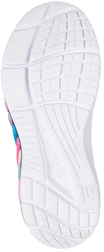 Zool van een navy sneaker met paarse, roze en turquoise glinsterende lijnen en regenboogaccenten.