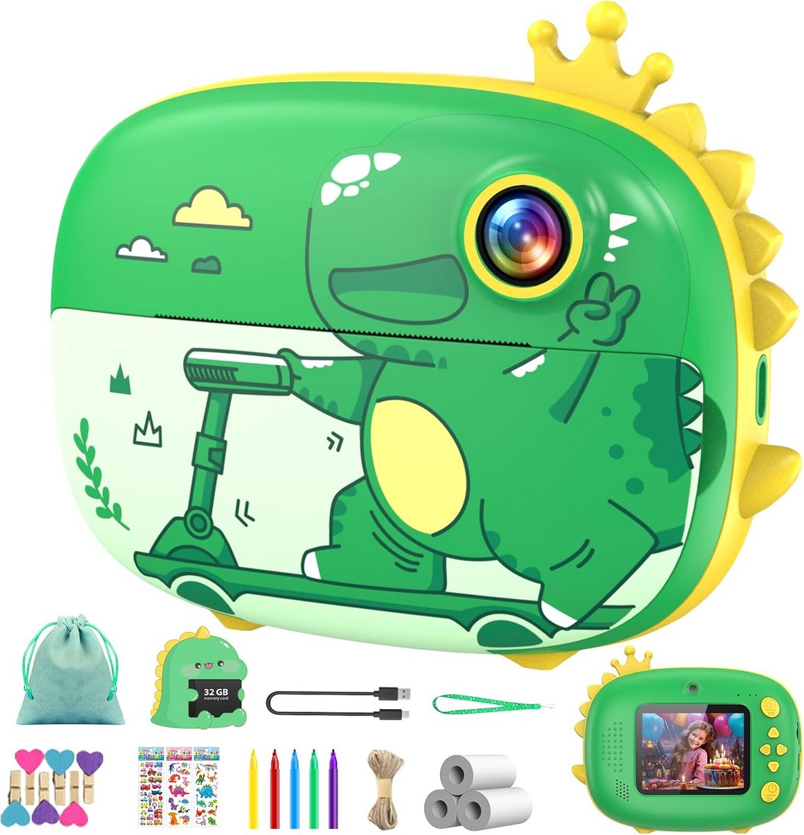 Instant Camera voor Kinderen - 1080P, 2.4 Inch Scherm, Directe Afdruk, Inclusief 32GB TF Kaart en Printpapier
