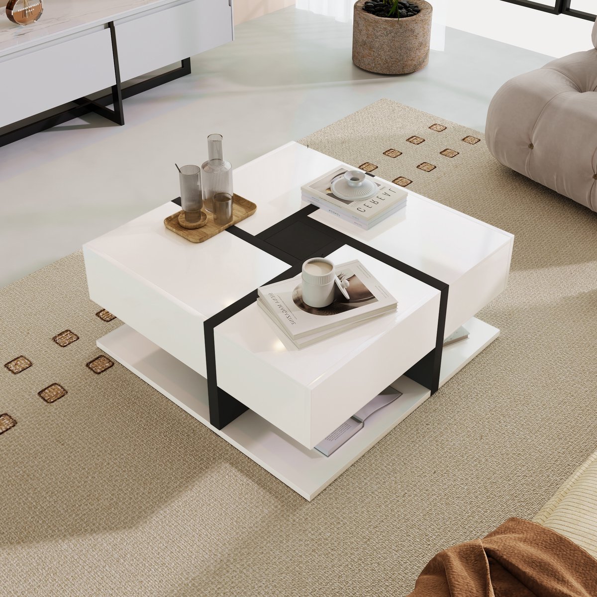Clruro Hoogglans Salontafel - Tafel met 4 Laden - Unieke Kleurafstemming en Lijnontwerp - Grote Opbergruimte - 78x78x36 cm - MDF - Zwart/Wit