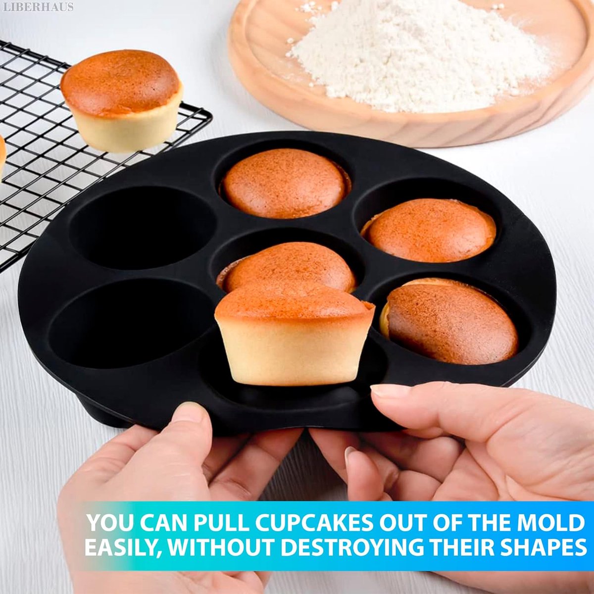 Taartvorm - Siliconen Bakvorm - Cupcake bakvorm - Rond - Zwart - 20*4 cm - Bakplaat voor de airfryer - Muffinbakvorm - Voor 7 Muffins - Antiaanbaklaag - Hittebestendige - Herbruikbaar - Voor Het Bakken Van Cupcakes, Brownies, Chocolade – foto 3
