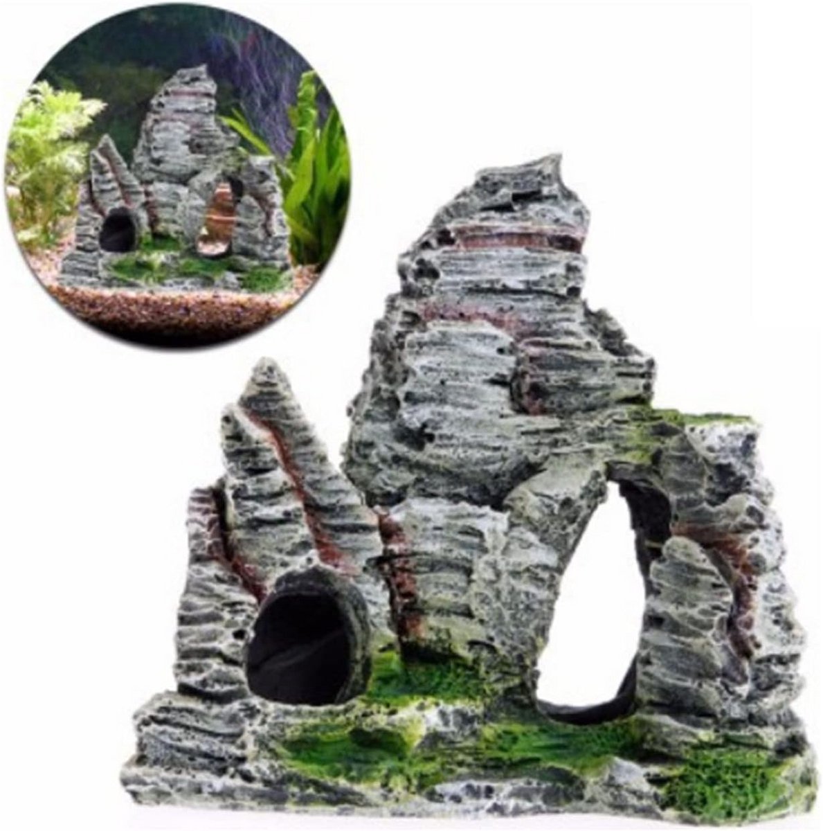 Aquarium Rotsgrot Decoratie met Groen Gras voor Vissen en Garnalen Schuilplaats