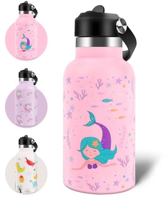 JARLSON Charli Waterfles Voor Kinderen Met Rietje - Geïsoleerde RVS Thermosfles 350/500ml