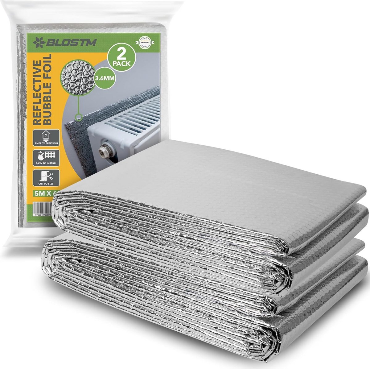 Isolatiefolie voor Radiator 5 m x 60 cm - 2 stuks Warmtebesparende Bubbelfolie met Zelfklevende Pads