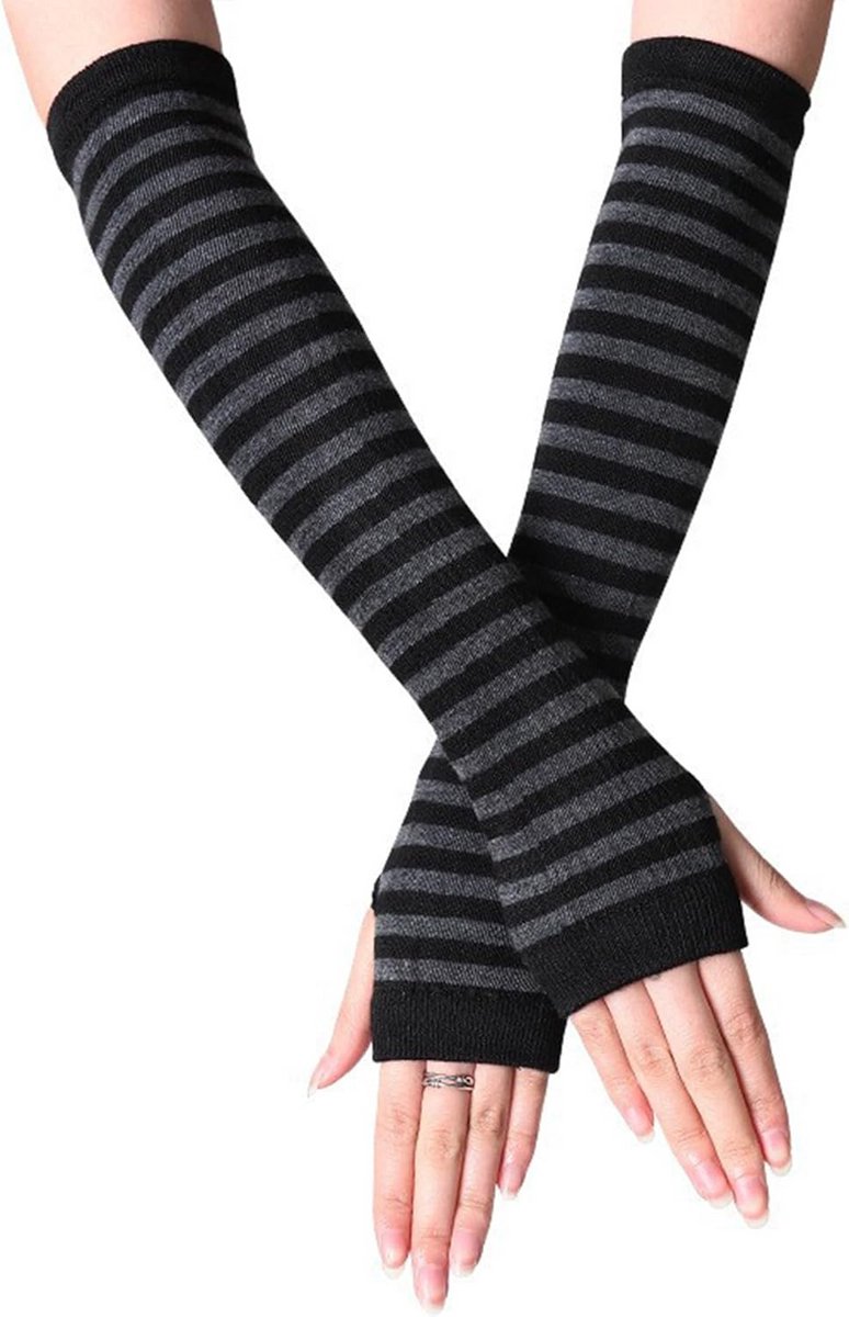 Dames Punk Gothische Lange Vingerloze Handschoenen | Gestreepte Warme Laarzen | Winter Knitted Moffen | Duimopening | Polswarmers