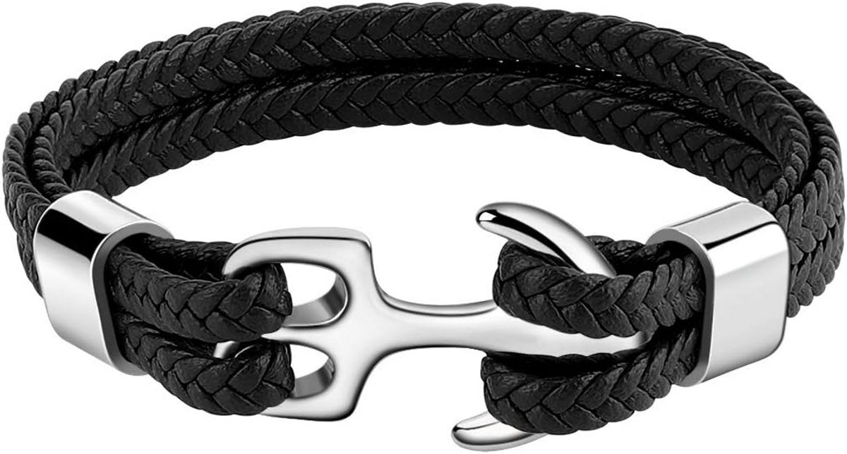 Robuuste Rundleren Wikkelarmband met Ankerhanger voor Heren - Vintage Stijl, 21 cm