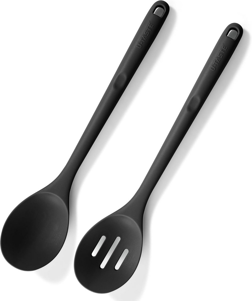 Extra Lange Hittebestendige Siliconen Spatel en Lepel Set (Zwart, 2 Stuks)