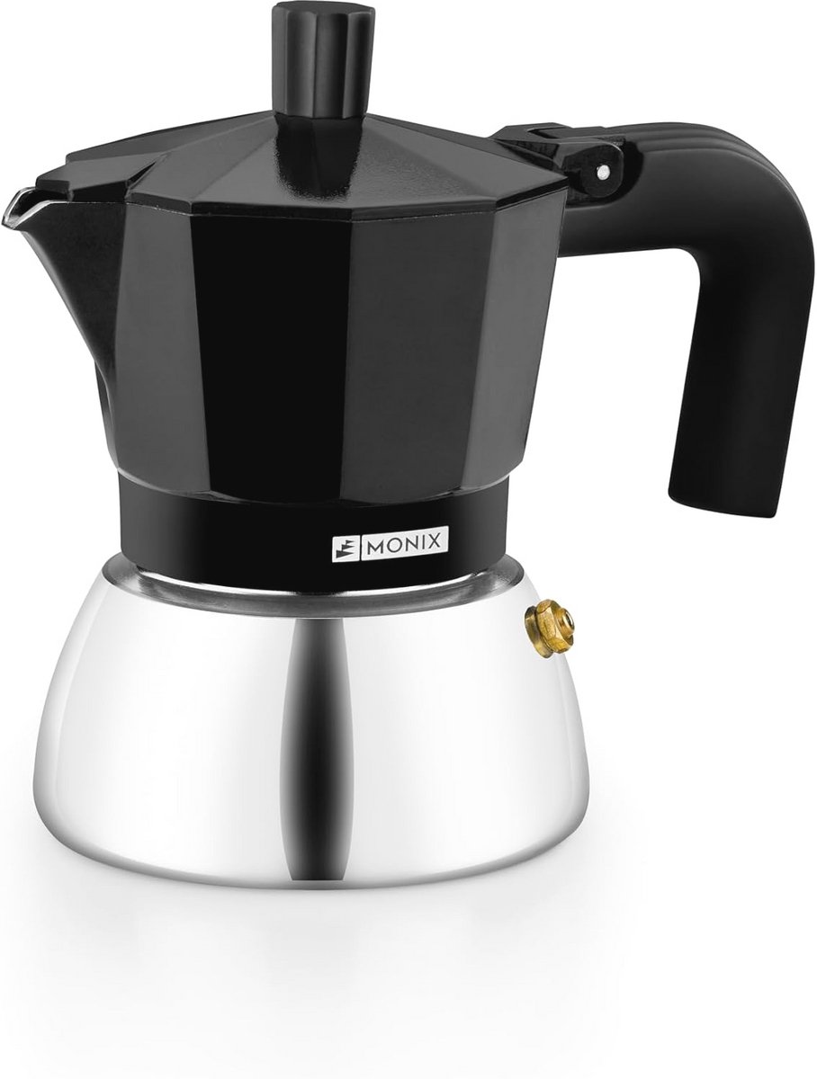 Inductie Koffiezetapparaat van Roestvrij Staal en Aluminium - 3 Kopjes, Hittebestendige Handgreep, Geschikt voor Alle Warmtebronnen, Zwart
