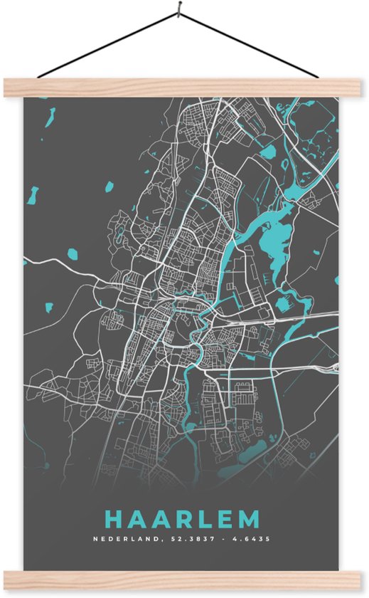Porte-affiche avec affiche - Affiche scolaire - Plan de la ville - Haarlem - Grijs - Blauw - 120x180 cm - lattes vierges