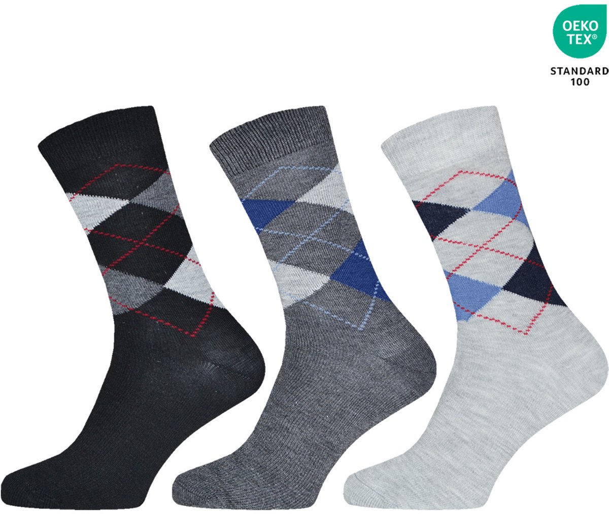 Katoenen herensokken | Ademend | Kleur: Grijs | Patroon: Ruit | Maat: 43-46 | 3 Paar