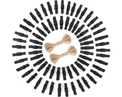 Zwarte houten wasknijpers 3,5 cm - 100 stuks - Fotoklemmen met jute koord voor knutselen en decoratie