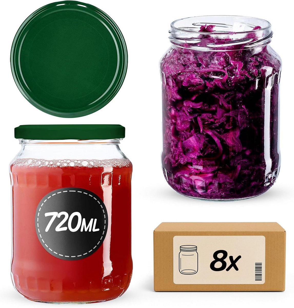 Inmaakpotten 720 ml voor inmaken en bewaren - 8 stuks met schroefdeksel