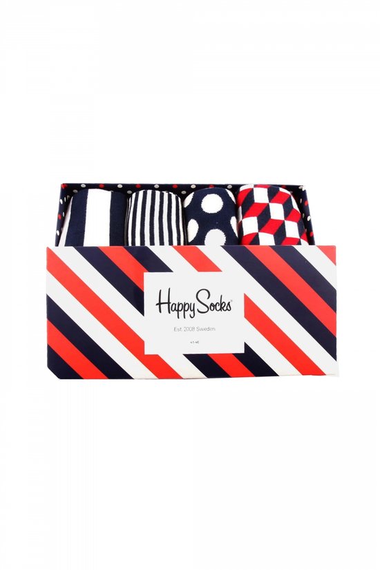 Happy Socks giftbox met rode, witte en marineblauwe strepen. Binnenkant met stippen, strepen en ruiten.