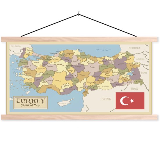 Porte-affiche avec affiche - Affiche scolaire - Carte rétro de la Turquie avec le drapeau turc - 90x45 cm - Lattes vierges