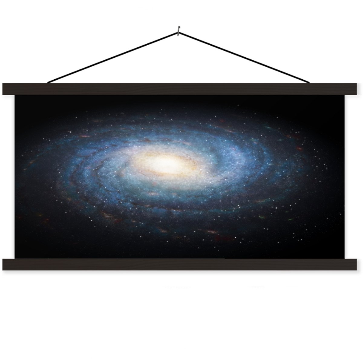 Posterhanger incl. Poster 90x45 cm - Schoolplaat - Een geel met blauwe illustratie van de Melkweg - Textielposter - Zwarte latten