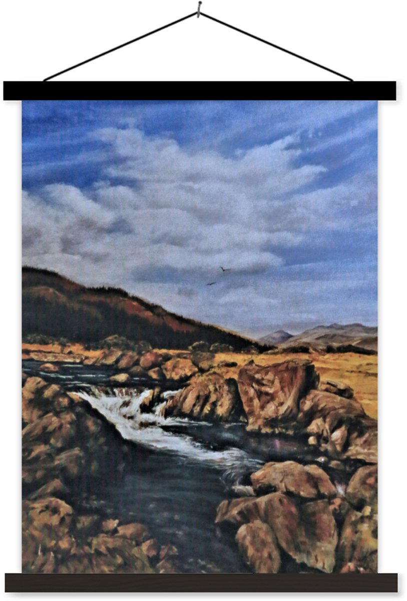 Posterhanger incl. Poster 120x160 cm - Schoolplaat - Olieverfschilderij Rivier - Textielposter - Zwarte latten