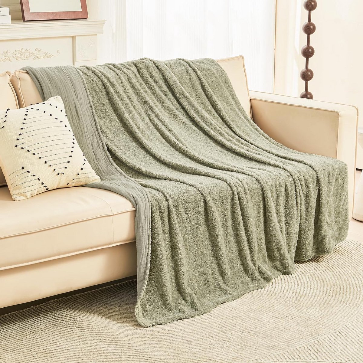 Zachte Fleece en Katoen Mousseline Plaid - Lichtgewicht Lus Dekentje voor Bank en Bed, 127x152 cm, Saliegroen