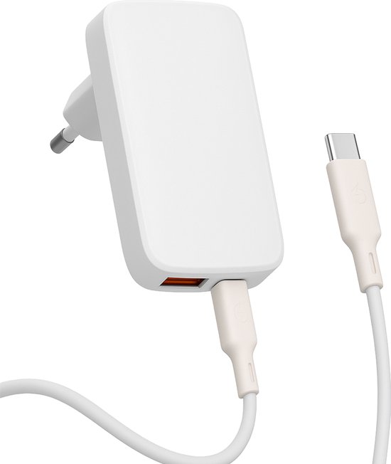 Chargeur rapide blanc YSONIC avec un port USB-A jaune-orange et un câble USB-C.