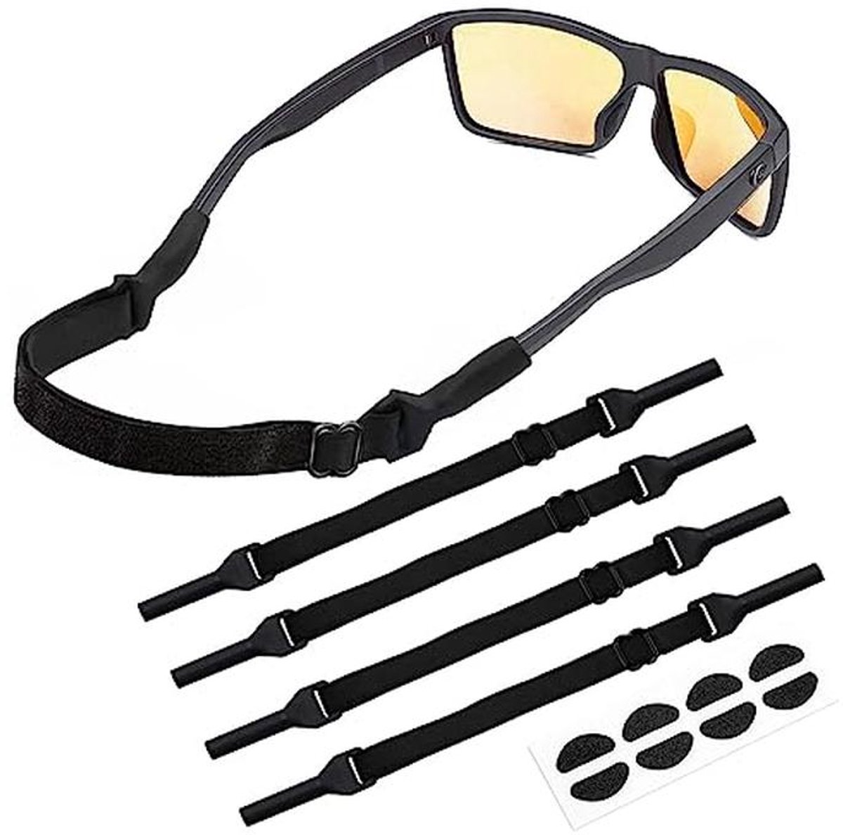 Glasses Strap - 4 Adjustable Straps for Sunglasses - Non-slip Sports Glasses Elastic Silicone Straps - Glasses Cord with Nose Pads for Men Women - Black, Black
