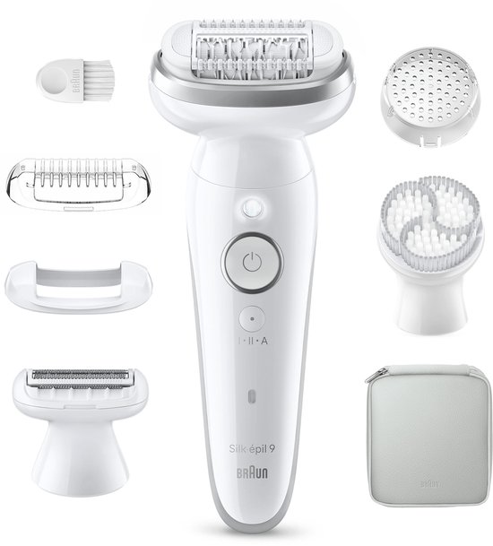 Braun Silk-épil 9 epilator in wit met diverse opzetstukken, waaronder een scheerkop, trimmer en borstels.