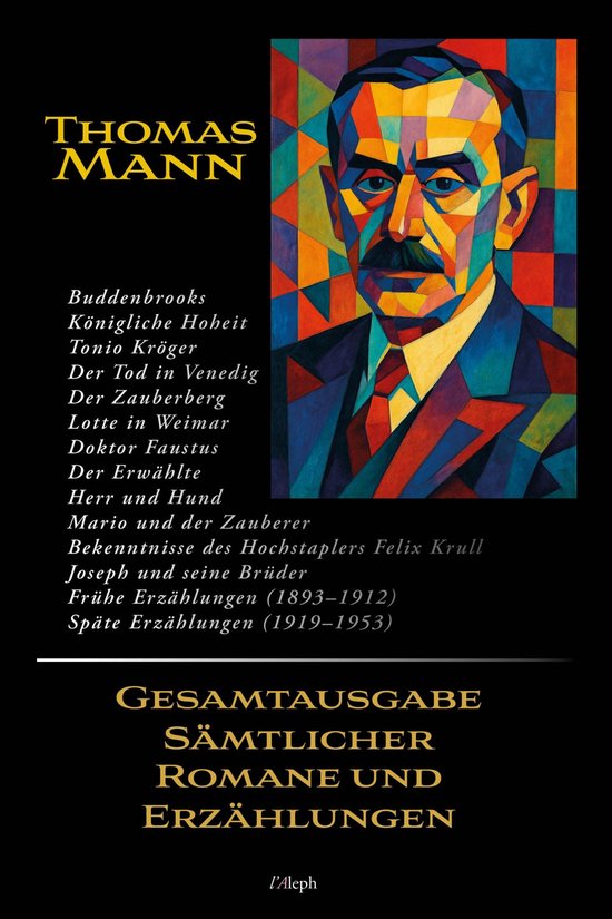Boek kaft met een geometrisch portret van Thomas Mann, met de titel "Thomas Mann" en een lijst met zijn werken.