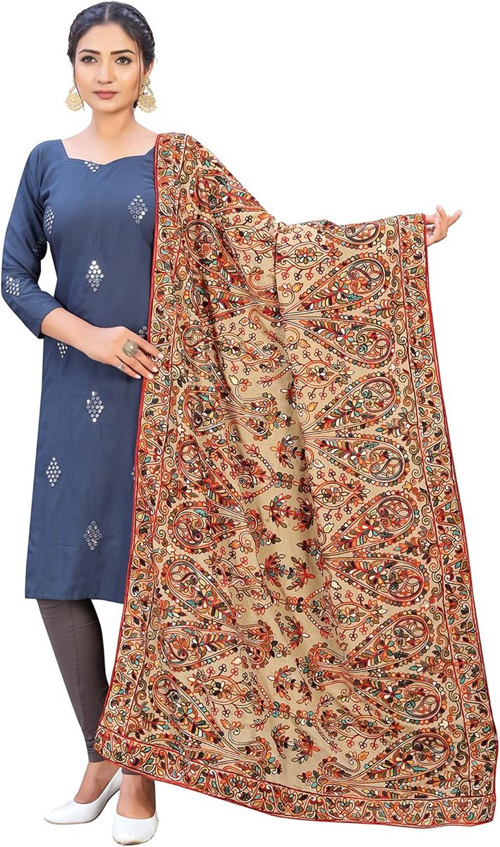 Georgette Kashmiri Geborduurde Dupatta voor Dames - Beige - Vrije Maat