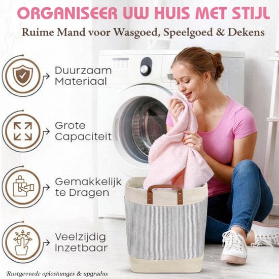 Webzon – Panier à linge – Paniers à linge – Panier à linge pliable – Panier à linge pliable – 30×35×55 cm – Design anglais – Tissu jute avec poignées en cuir – Panier de rangement – Pliable et gain de place – Gris crème