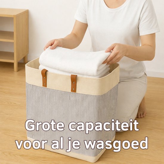 Webzon – Panier à linge – Paniers à linge – Panier à linge pliable – Panier à linge pliable – 30×35×55 cm – Design anglais – Tissu jute avec poignées en cuir – Panier de rangement – Pliable et gain de place – Gris crème
