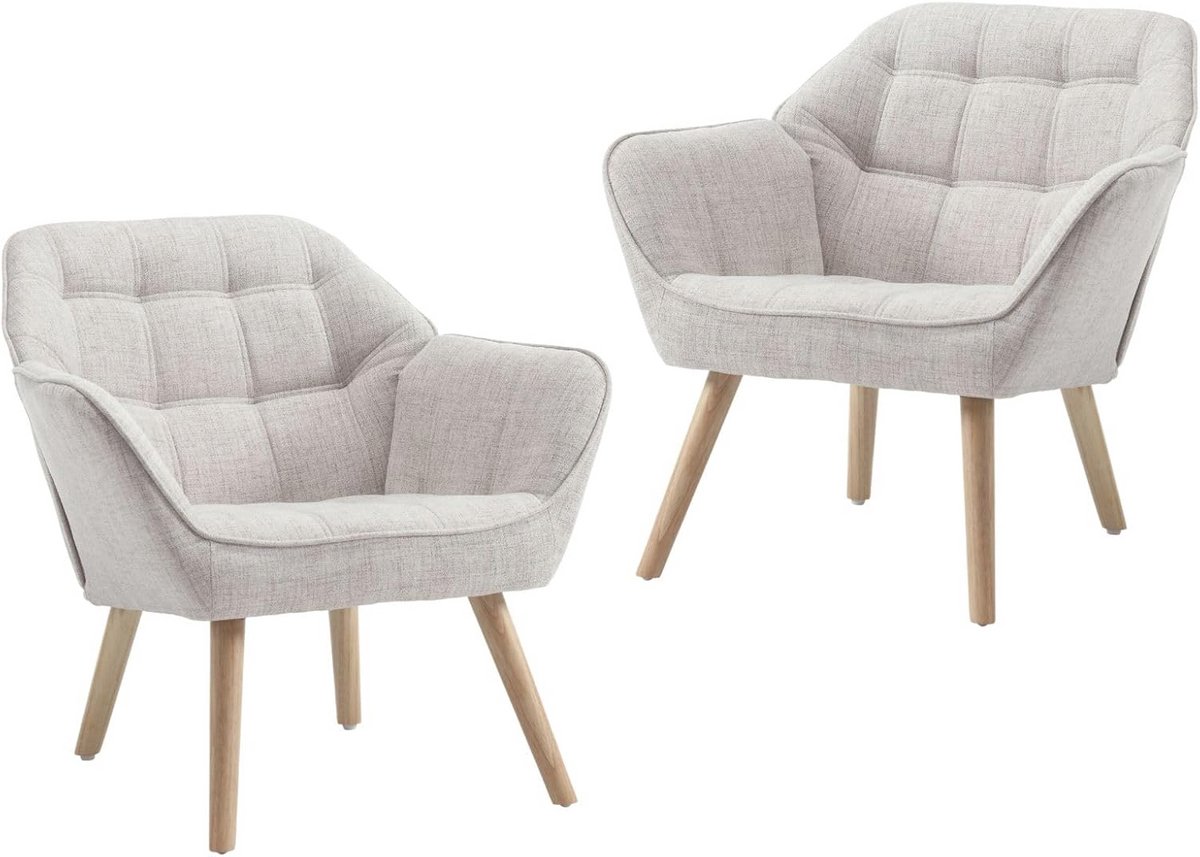 Set van 2 beige linnen vrijetijdsfauteuils met houten poten voor woonkamer en slaapkamer