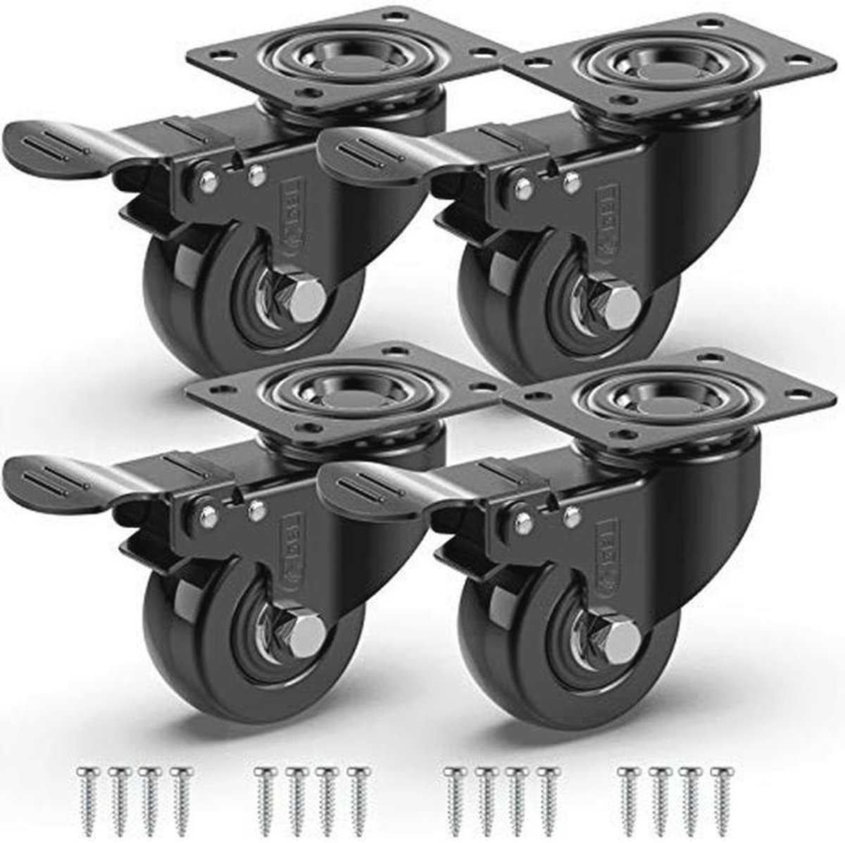 GBL Heavy Duty Castors with 4 Brakes + Screws - 50mm to 200kg - 4 Pieces Without Floor Tracks Silent Castors for Furniture - Rubber Trolley Wheels - Black
