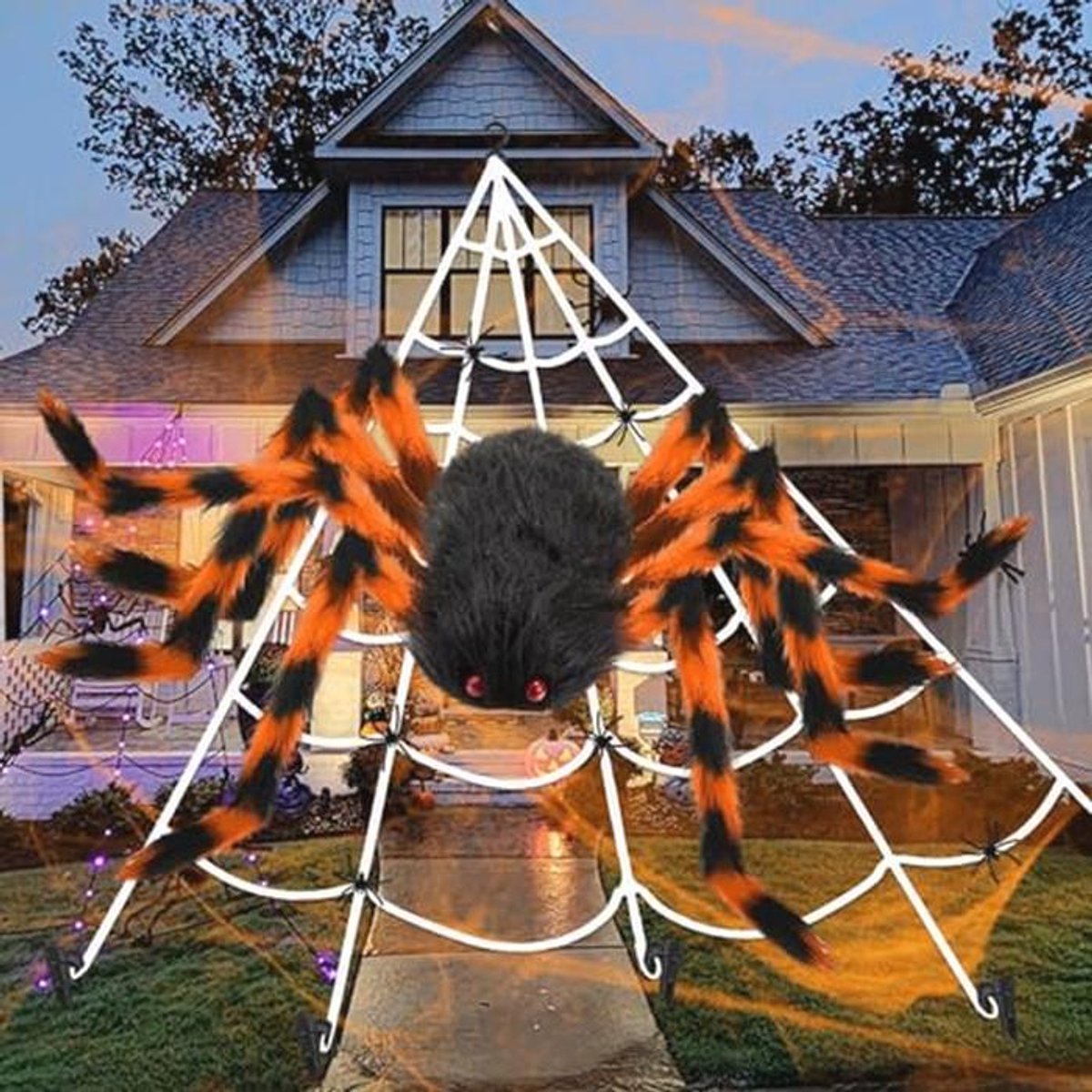Halloween Spinnenwebdecoratie Set - 1,5 m Reuzenspin en 5 m Driehoekig Spinnenweb voor Binnen en Buiten