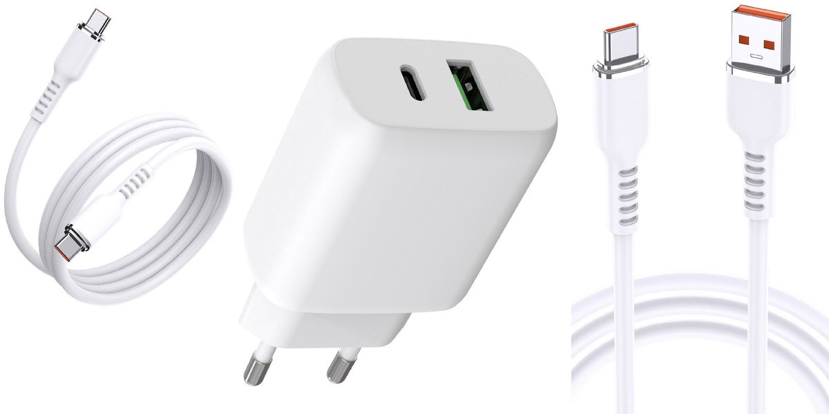 USB C Adapter 25W - USB C Oplader - Adapter USB C met 2x USB C kabel - 2 Poorten - Wit