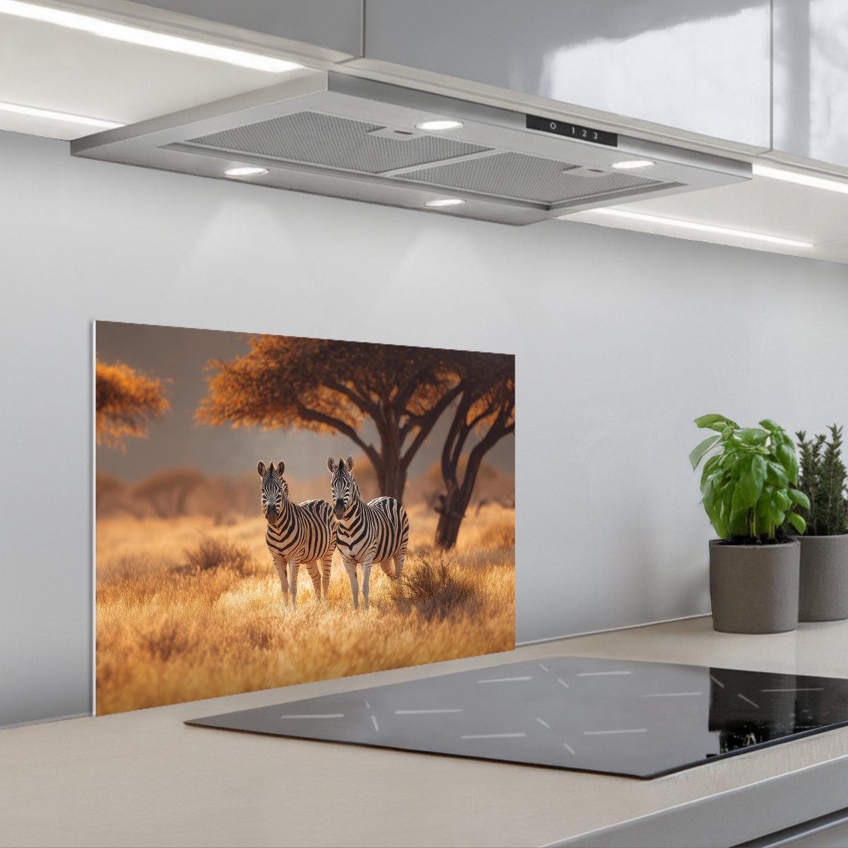 KitchenYeah Spatscherm 60x45 cm Zelfklevende achterwand Zebra's Savannelandschap Gras Keuken muurbeschermer Spatwand fornuis