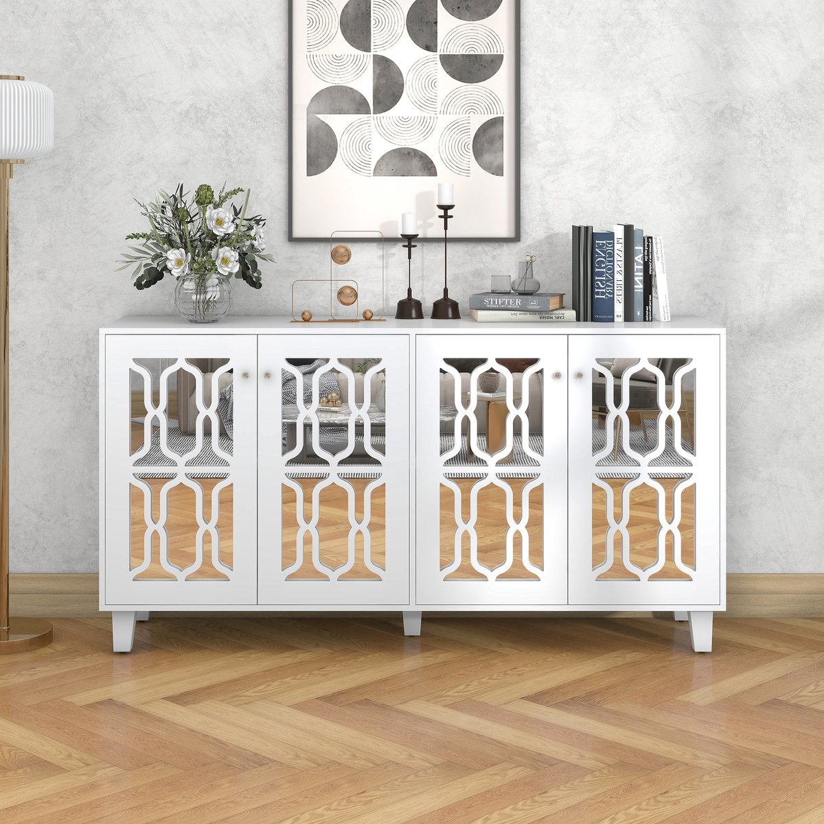 MODFU Witte Spiegelsideboard met Koele Kristallen Handgrepen, Vier Deuren en Verwijderbaar Laminaat, Voor Woonkamer of Eetkamer, 160 x 40 x 84 cm