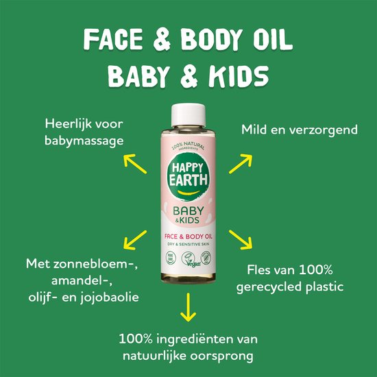 Fles Happy Earth Baby & Kids Face & Body Oil. Pijlen wijzen naar tekst over babymassage, ingrediënten, gerecyclede plastic fles en natuurlijke oorsprong.
