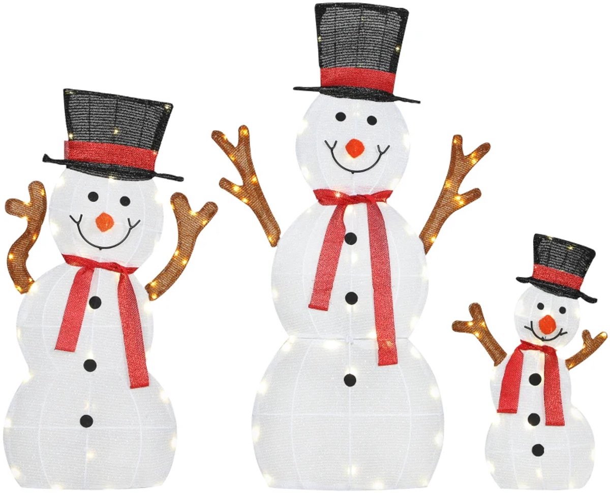3-delige Kerst Sneeuwpop Familie - Kerstman - Kerstversiering - met 128 LED-verlichting - IP44 - Stalen Frame - voor Binnen en Buiten - Kerstdecoratie - Vakantiedecoratie - Kerst - 64x30x91,5 cm