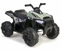 Groene speelgoedquad met camouflageprint, verlichting en grote terreinbanden.